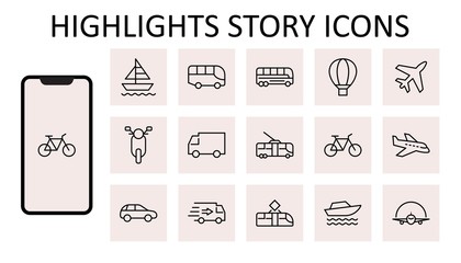 Set of Public Transport Related Vector Line Icons. Contains such Icons as Bus, Bike, Scooter, Car, balloon, Truck, Tram, Trolley, Sailboat, powerboat, Airplane and more. Editable Stroke. 32x32 Pixel