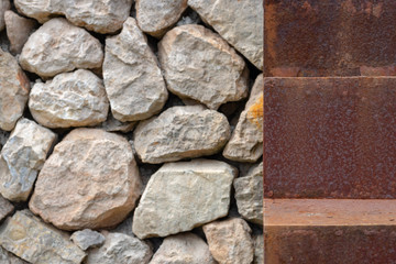 Rusty step of a stairway next to stone wall.