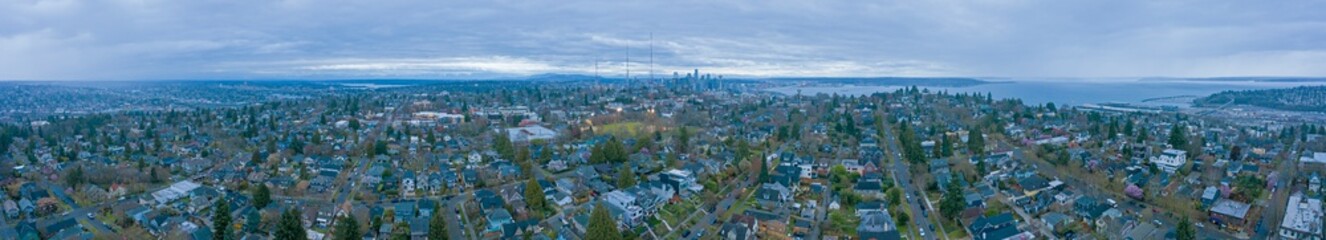 Fototapeta na wymiar Seattle Queen Anne Housing Neighborhood Aerial Panormaic Cityscape