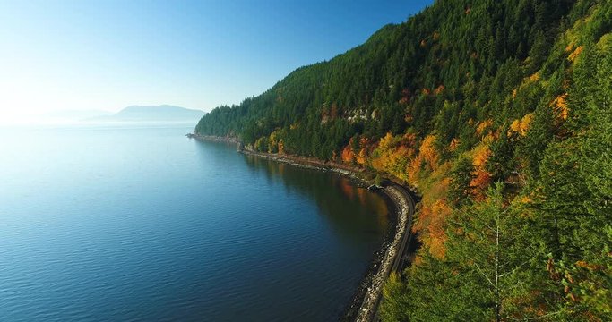Sunny Day Bellingham Washington Chuckanut Drive Coastline Aerial Landscape Autumn Forest