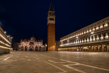 Long Exposure of San Marco Square at Night with illuminated Basilica and Campanile, Venice/Italy