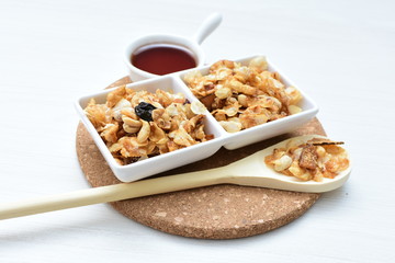 peanuts, soya, coconut, honey, flakes, granola, seeds, nutrition, nuts, grain, vegetarian, oatmeal, fruit, sweet, meal, snack, organic, food, cereal, healthy, breakfast