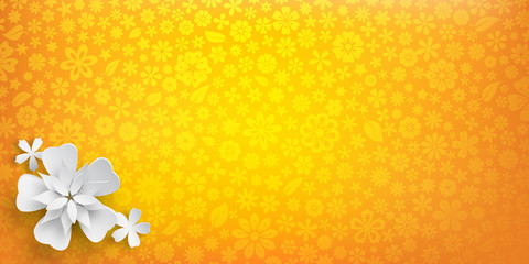 Background with floral texture in yellow colors and several big white paper flowers with soft shadows