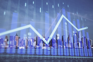 Forex chart on cityscape with skyscrapers wallpaper double exposure. Financial research concept.
