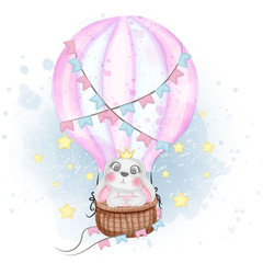 schattig konijntje vliegen met luchtballon kinderkamer aquarel illustratie