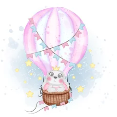 Papier Peint photo Animaux en montgolfière lapin mignon volant avec illustration aquarelle de pépinière de montgolfière
