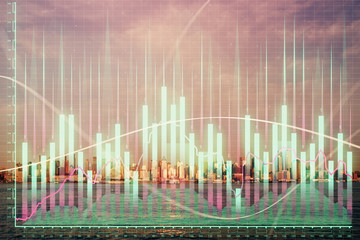 Forex chart on cityscape with skyscrapers wallpaper double exposure. Financial research concept.