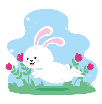 cute rabbit jumping in landscape vector illustration design