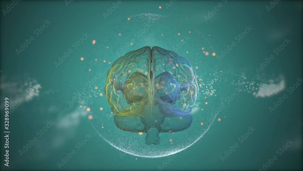 Poster intellectual property concept. animated brain floating among golden bokeh particles inside protectio