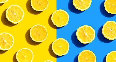 Fresh yellow lemons overhead view - flat lay