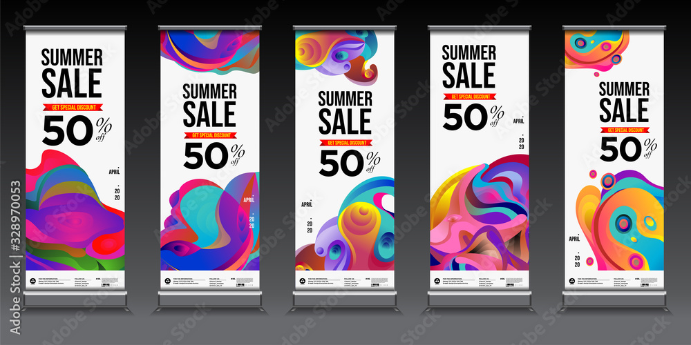 Wall mural summer sale colorful geometric, fluid and curve background for roll banner. Summer sale 50% discount banner.