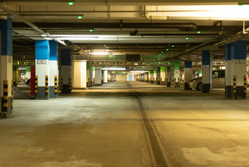 Underground parking. Empty Parking spaces . Under the Mall.