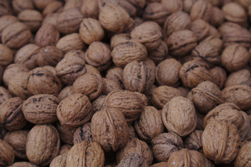 Close-up of a pile of unpeeled walnuts