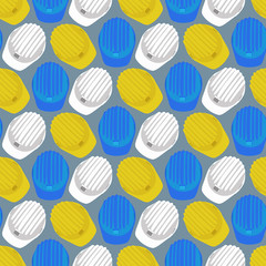 Colorful, top angle, worker's hat/ helmet repeat pattern. Hand drawn, flat design.