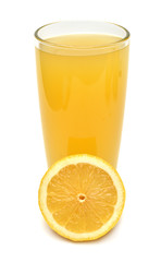 Lemon slice with juice fruit isolated on white background. Perfectly retouched, full depth of field on the photo. Top view, flat lay