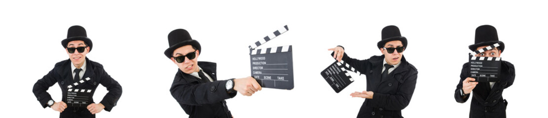 Man with movie clapper isolated on white