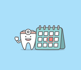 Dental cartoon of a tooth doctor and calendar illustration cartoon character vector design on blue background.  Dental care concept.