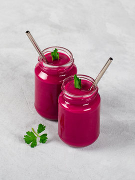 Beetroot smoothie with parsley in a jar