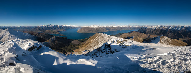 Panorama of Queenstown and the Wakatipu from the top of Ben Lomond in New Zealand