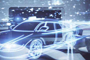 Obraz premium Desktop computer background in office with automobile hologram drawing. Multi exposure. Tech concept.