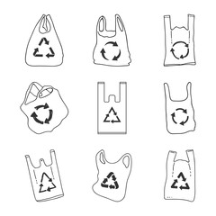 Hand drawn plastic bags with recycle marks.  Plastic bag pollution problems. Set vector illustration.