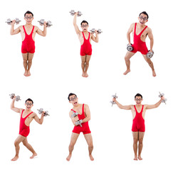 Funny guy with dumbbels on white