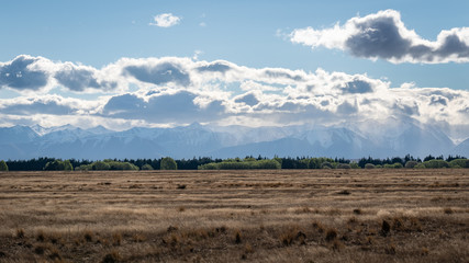 scenery landscape in the countryside in new zealand. meadows and mountains