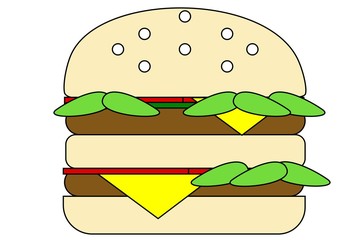 Big colorful burger cartoon isolated on white background. Two layers of hamburger meat with cheese, salad, tomatoes, and gherkins