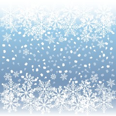 Holiday greeting background with snowflakes and falling snow on a sky backdrop. Vector illustration.