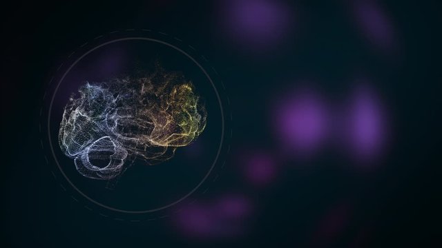 Illuminating particles brain structure, working actively over black background with purple bokeh lights.
