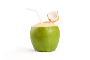 Fresh green coconut with white straw drinking isolated on white background.