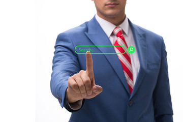 Search concept with businessman pressing button