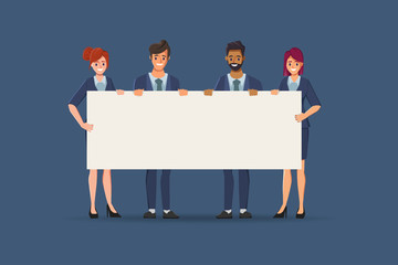 Group of business people teamwork holding big banner blank space character. Promoting for business campaign.