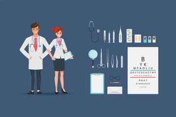 Doctor woman and man doctor character with treatment equipment tools. Hospital people working character.