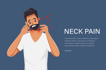 Young man neck pain feeling exhausted character. Pain in neck. Medical center healthcare.