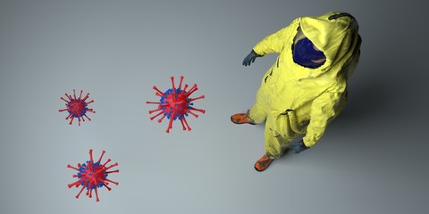 Fototapeta premium Corona Virus and Hazmat Suit with Gas Mask Wuhan Virus 3D illustration of Covid-19