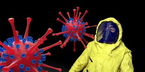 Corona Virus and Hazmat Suit with Gas Mask Wuhan Virus 3D illustration of Covid-19