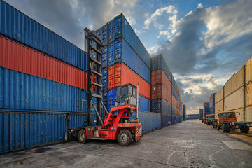 perspective view of containers at containers yard with forklift and truck