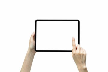 Close-up of hand holding black tablet isolated on white background.
