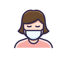 Person in medical face protection mask. Vector icon of a depressed and tired woman wearing a protective surgical mask. illustration for concepts of disease, sickness, alergies, pollution, flu, virus