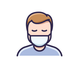 Person in medical face protection mask. Vector icon of a depressed and tired man wearing a protective surgical mask. illustration for concepts of disease, sickness, alergies, pollution, flu, virus