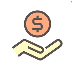 Coin and hand vector icon for financial graphic design element.