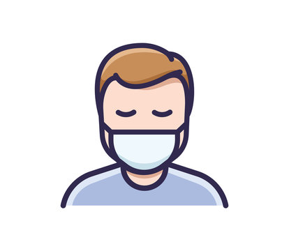 Person In Medical Face Protection Mask. Vector Icon Of A Depressed And Tired Man Wearing A Protective Surgical Mask. Illustration For Concepts Of Disease, Sickness, Alergies, Pollution, Flu, Virus