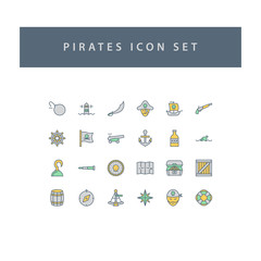 Pirate icons set with filled outline style design.