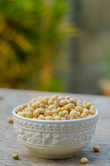 Soy bean in bowl on floor and copy space