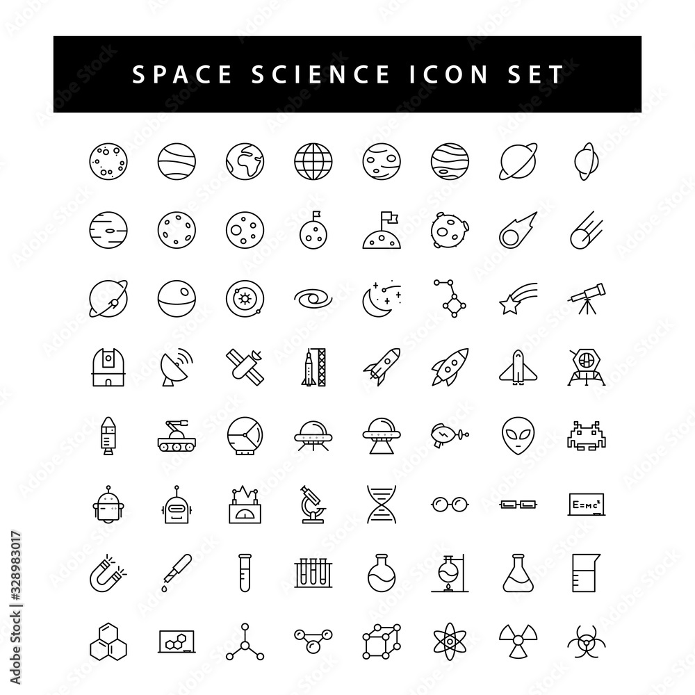 Wall mural space and science icon set with black color outline style design.