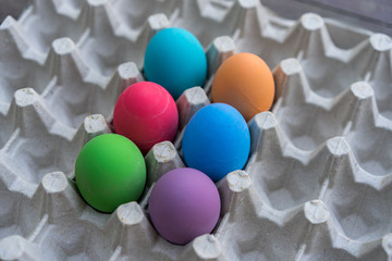  Colorful eggs in the egg tray, 6 leaves, blue eggs, orange eggs, purple eggs, green eggs, pink eggs, dark blue eggs