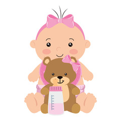 Obraz na płótnie Canvas cute little baby girl with teddy bear and bottle milk vector illustration design