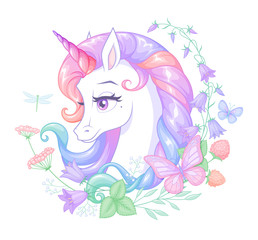 Beautiful white unicorn with pink horn surrounded with flowers and butterflies. Isolated vector illustration.