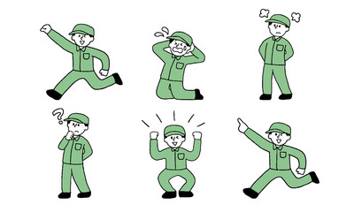 色々な表情ポーズの作業着男性セット(シンプル）